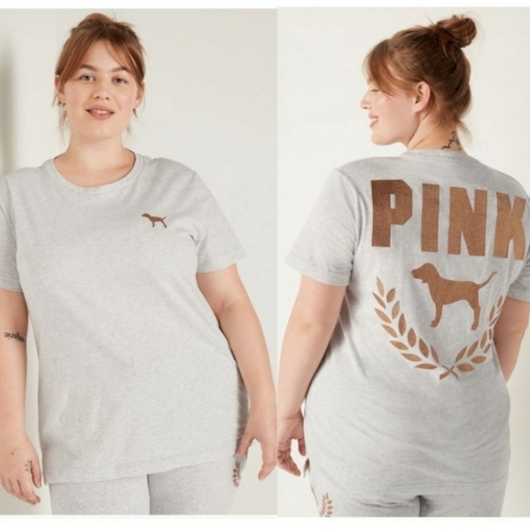 PINK Victoria's Secret Tops - NWT PINK CAMPUS SHORT SLEEVE GLITTER TEE GREY XXL